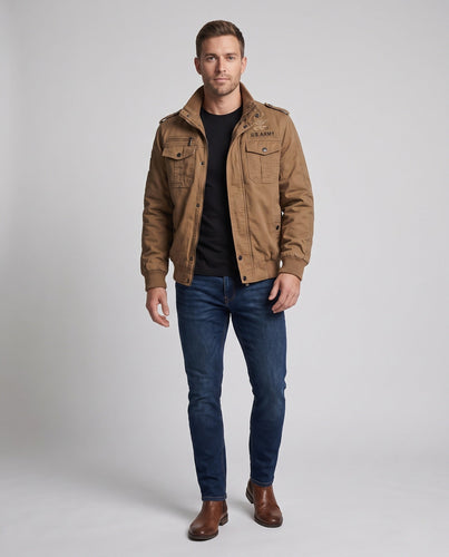 Herren militärisch inspirierte Field-Bomberjacke mit Schulterklappen, Brustpattentaschen und geripptem Bund Drune
