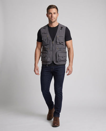 Herren Multifunktionale Angler- und Outdoorweste mit Netzfutter, vielen Taschen und Karabinerhaltern Drune
