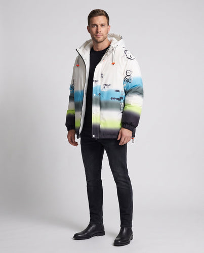 Herren Oversize Wattierte Kapuzenjacke mit Farbverlauf-Print und Cartoon-Applikationen Drune