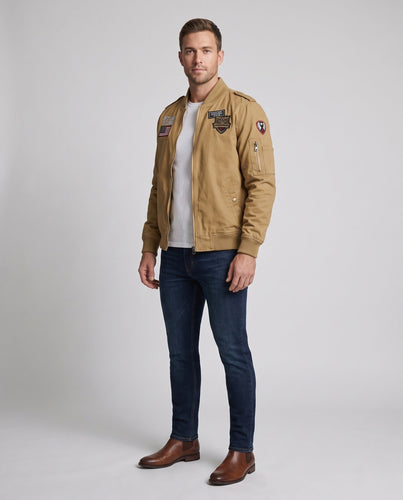 Herren Piloten-Bomberjacke im Canvas-Utility-Stil mit Abzeichen, Ärmeltasche und Rippbündchen Drune