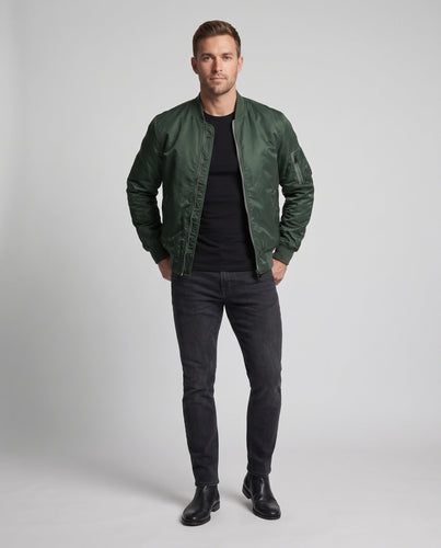 Herren Satinierter Nylon-Bomber im MA-1‑Stil mit Ärmeltasche, Rippbündchen und Zwei‑Wege‑Reißverschluss Drune
