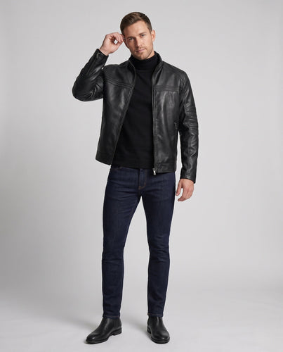 Herren schlanke Kunstleder-Motojacke mit Stehkragen und ergonomischer Ärmelpasse Drune