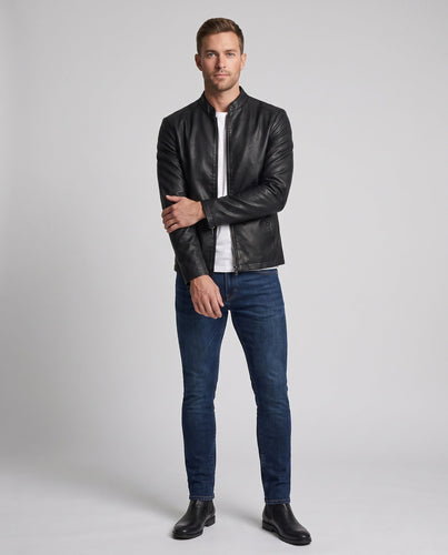 Herren schlanker Kunstleder-Moto-Blouson mit Stehkragen, Reißverschlussärmeln und verdeckten Taschen Drune