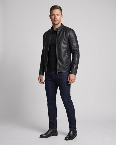 Herren schlanker Lederoptik-Moto-Blouson mit Stehkragen und verdecktem Reißverschluss Drune