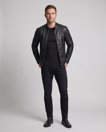 Herren schlanker Moto-Blouson aus Kunstleder mit minimalistischem Stehkragen und verdecktem Reißverschluss Drune