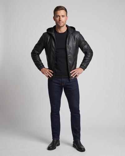 Herren Slim-Fit Kunstleder-Kapuzenjacke mit durchgehendem Reißverschluss und minimalistischer Linienführung Drune