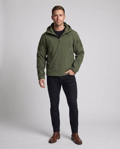 Herren Technische Softshell-Taktikjacke mit Kapuze, wasserabweisender Membran und Mehrfachtaschen Drune