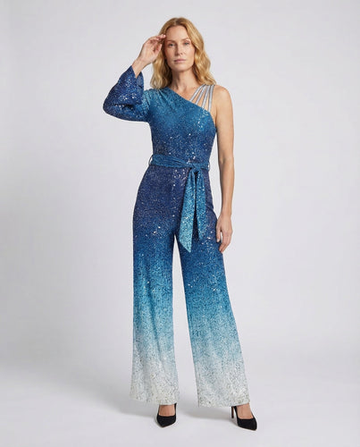 Damen Abend Jumpsuit Pailletten Ein-Schulter