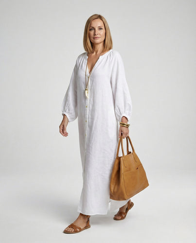 Damen Maxikleid Sommer Leinen Knopfleiste
