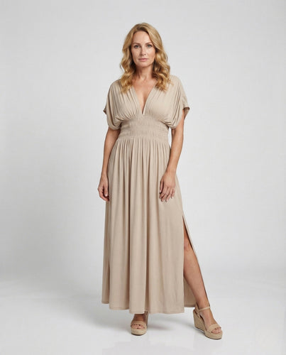 Damen Maxikleid mit tiefem V-Ausschnitt und Schlitz