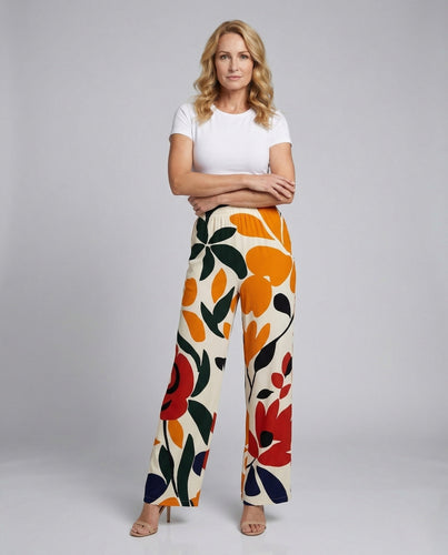 Damen Weite Hose in Leinenoptik mit Blumenmuster