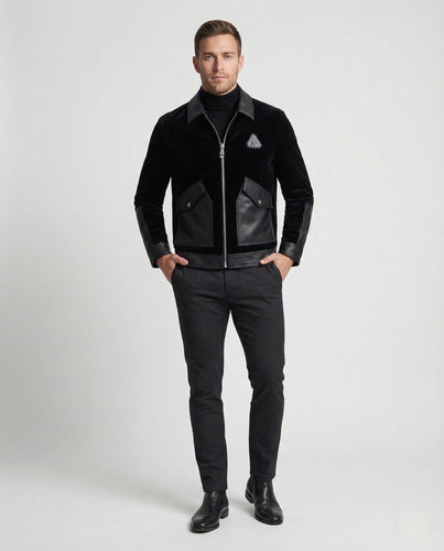 Herren Samt Blouson mit Lederbesatz