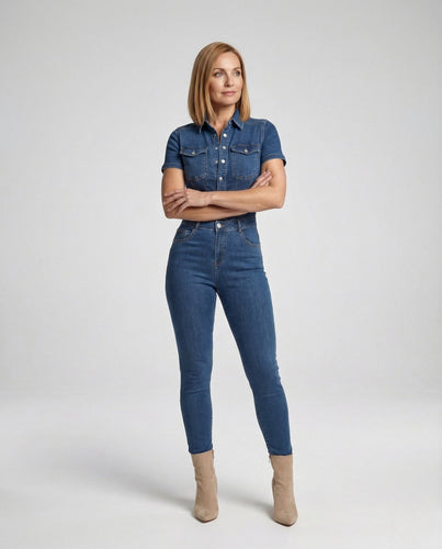 Damen Kurzarm Denim Jumpsuit