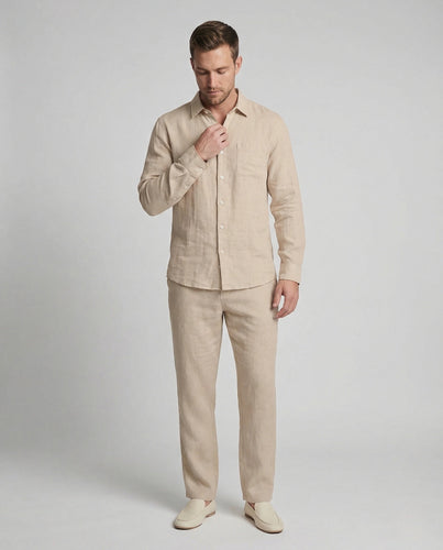 Herren Leinen Set mit Langarm Hemd & Lockerer Hose Drune