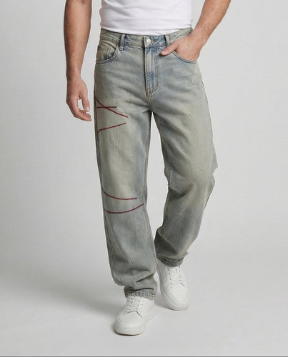Herren Baggy Jeans mit Used Optik und Ziernähten