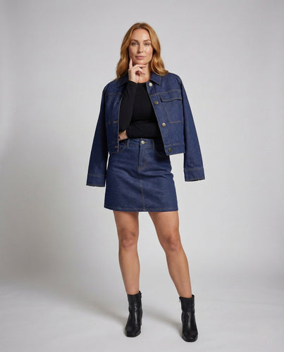 Damen Jeans Set Oversize Jacke A-Linie Rock