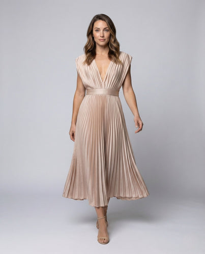Damen Midikleid Plissee V Ausschnitt