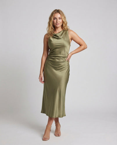 Damen Satin Maxikleid Wasserfall Ausschnitt