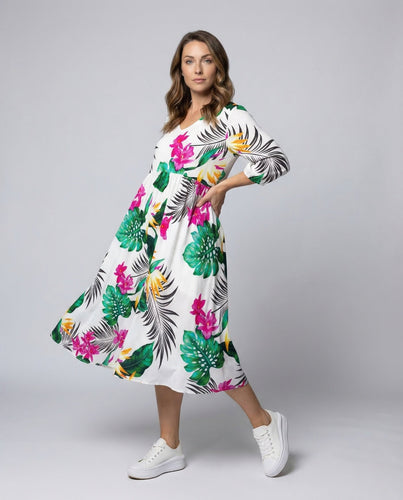 Damen Midikleid Tellerrock Blumenprint
