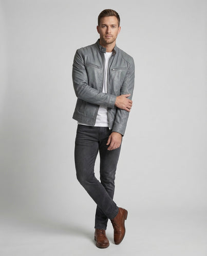 Herren Lederjacke Slim Stehkragen