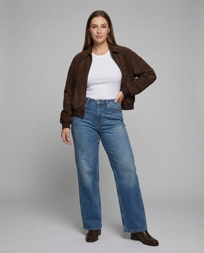 Damen Veloursleder Bomberjacke Weit