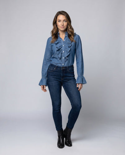 Damen Rüschenbluse Denim Look