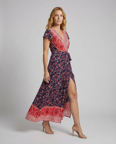 Damen Boho Maxikleid Wickel V Ausschnitt