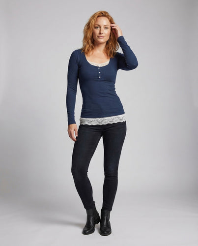 Damen Langarmshirt Knopfleiste Spitzenoptik