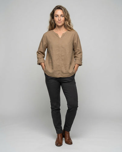 Damen Weite Leinenbluse V-Ausschnitt