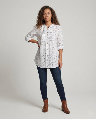 Damen Tunika-Bluse Stehkragen Brustfalten