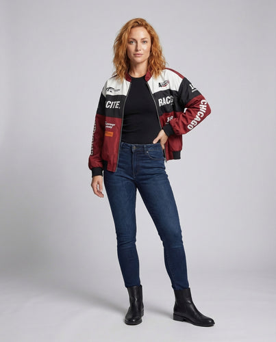 Damen Bomberjacke Rennsport-Stil Stehkragen