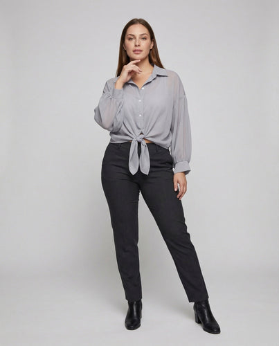 Damen Chiffonbluse Knotenfront Ballonärmel