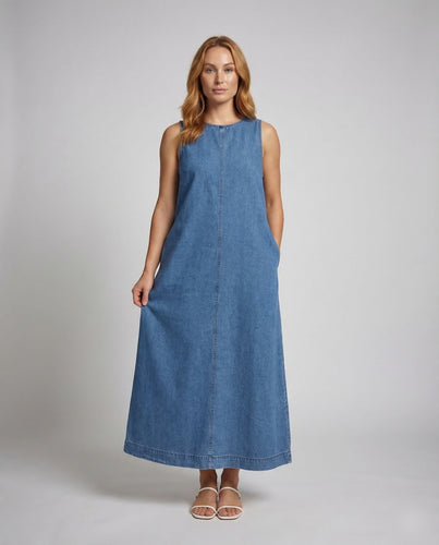 Damen Denim-Maxikleid Seitliche Eingrifftaschen