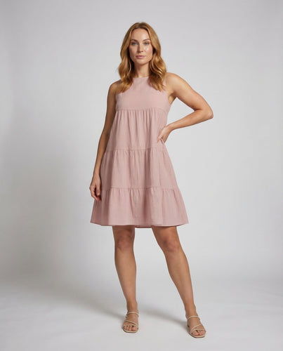Damen Stufenkleid Babydoll-Schnitt Leinen-Baumwoll-Optik