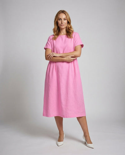 Damen Leinen-Midikleid Überschnittene Schulter