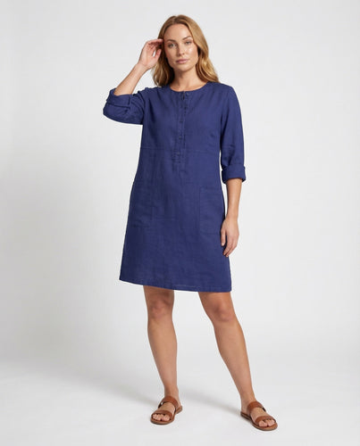 Damen Leinenkleid Rundhalsausschnitt Knopfleiste