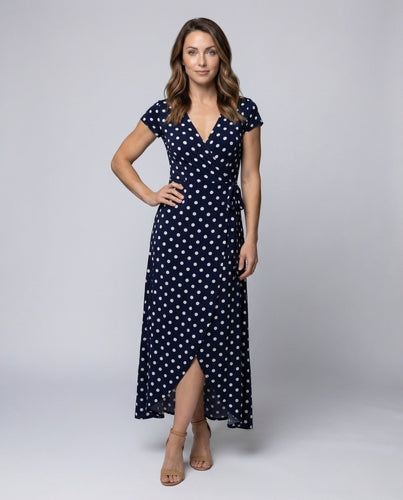Damen Maxikleid Wickeloptik Punkteprint