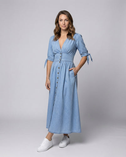 Damen Denim-Maxikleid Schleifenärmel V-Ausschnitt