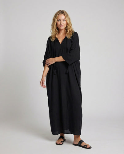 Damen Kaftan-Maxikleid V-Ausschnitt Kordelzug