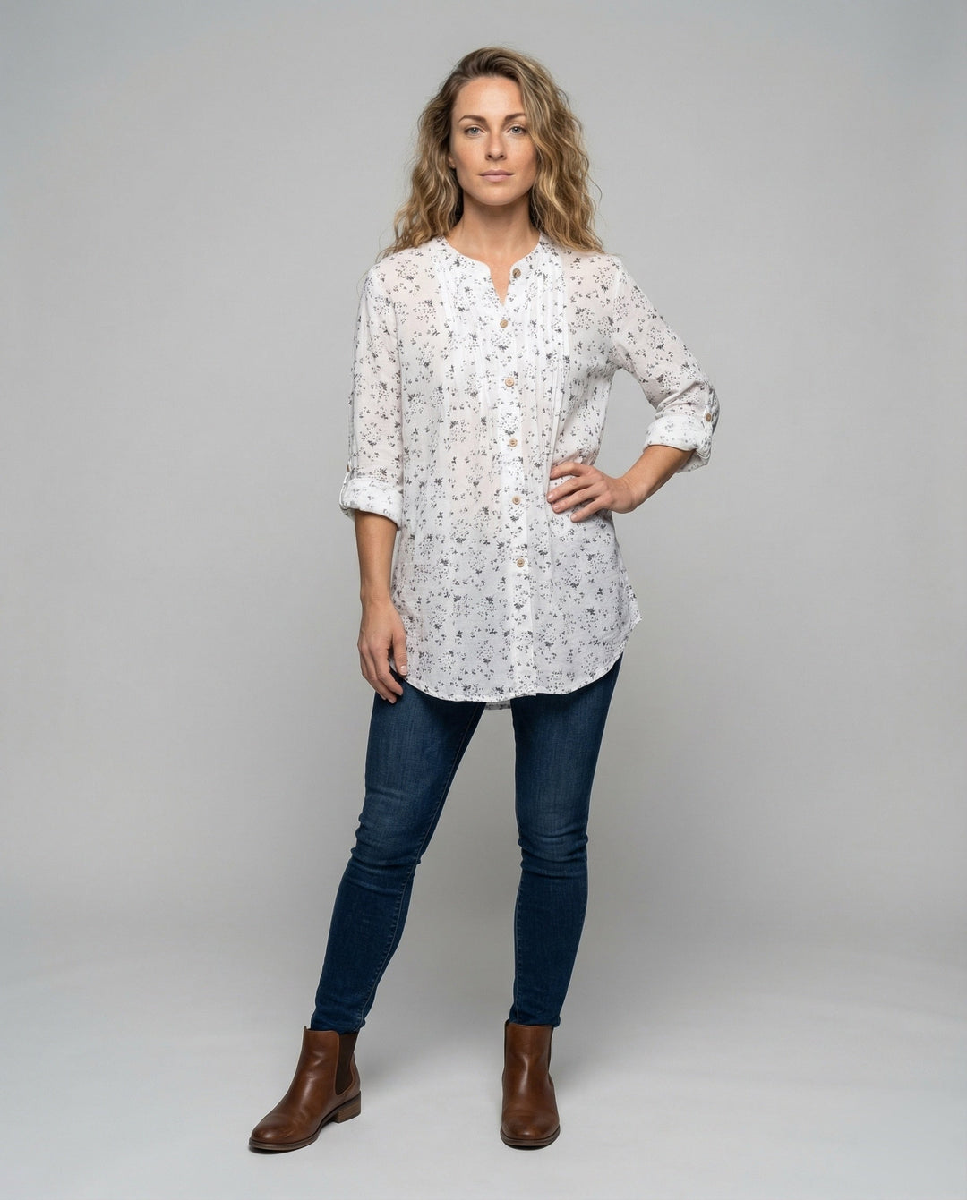 Damen leichte Leinenoptik-Tunika-Bluse.
