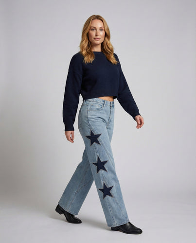 Damen weite Palazzo-Jeans mit Sternapplikationen