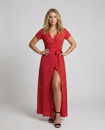 Damen Polka-Dot-Wickel-Maxikleid