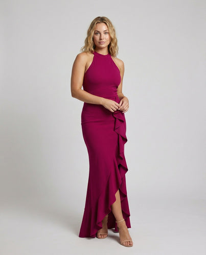 Damen tailliertes Abendkleid mit Halterkragen