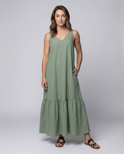 Damen weites ärmelloses Maxikleid mit Volantstufe