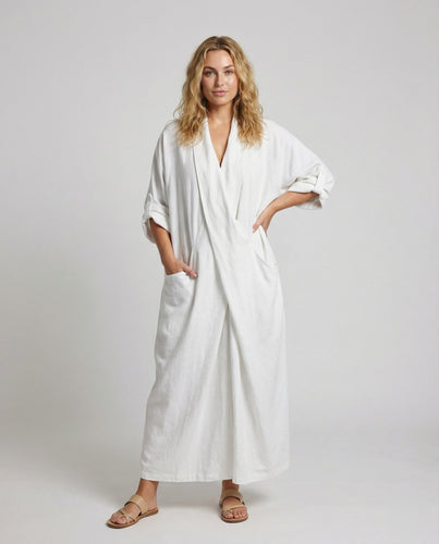 Damen oversize Leinen-Mantelkleid in Wickeloptik