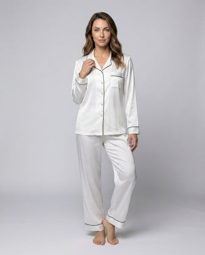 Damen seidiges Satinpyjama-Set mit Kontrastpaspel