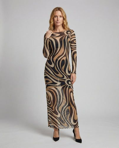 Damen figurbetontes Maxi-Meshkleid mit Alloverprint