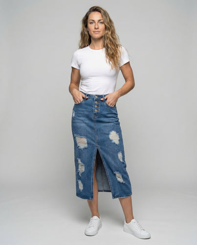 Damen Jeans-Midirock mit Frontschlitz und Rissen