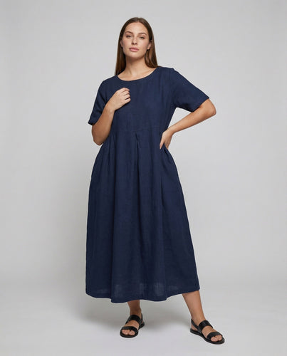 Damen Fließende Vordere-Falte Leinen-Maxikleid