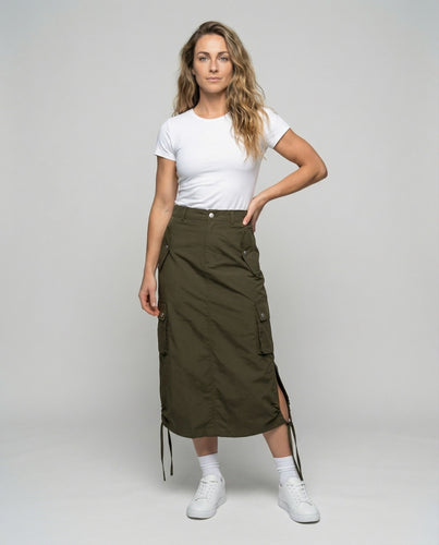 Damen taillenhoher Cargo-Midirock mit Klappentaschen